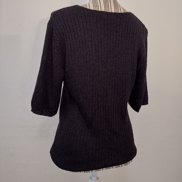 Tesori Vintage Black Ribbed Knit Pullover Short Sleeve Sparkle Sweater Size M - Picture 6 of 10